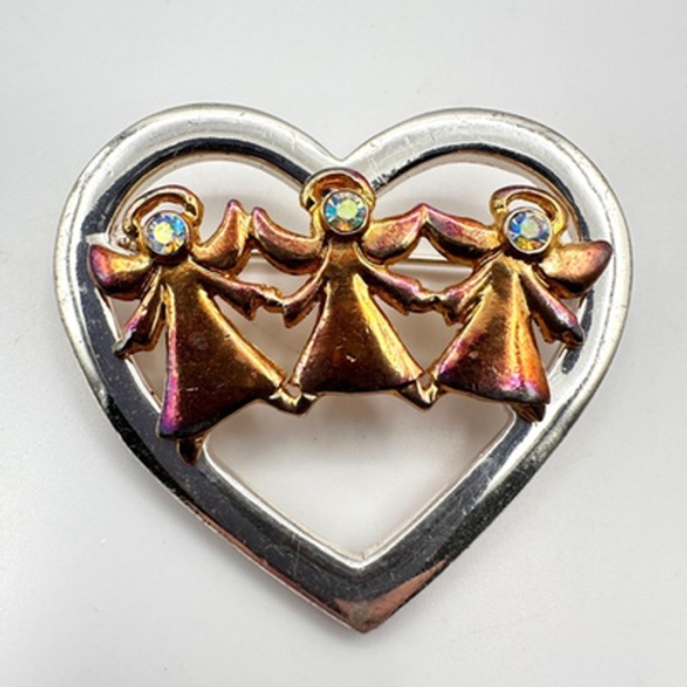 Vintage 90s Silver & Gold Heart Brooch Pin with AB Rhinestones Y2K